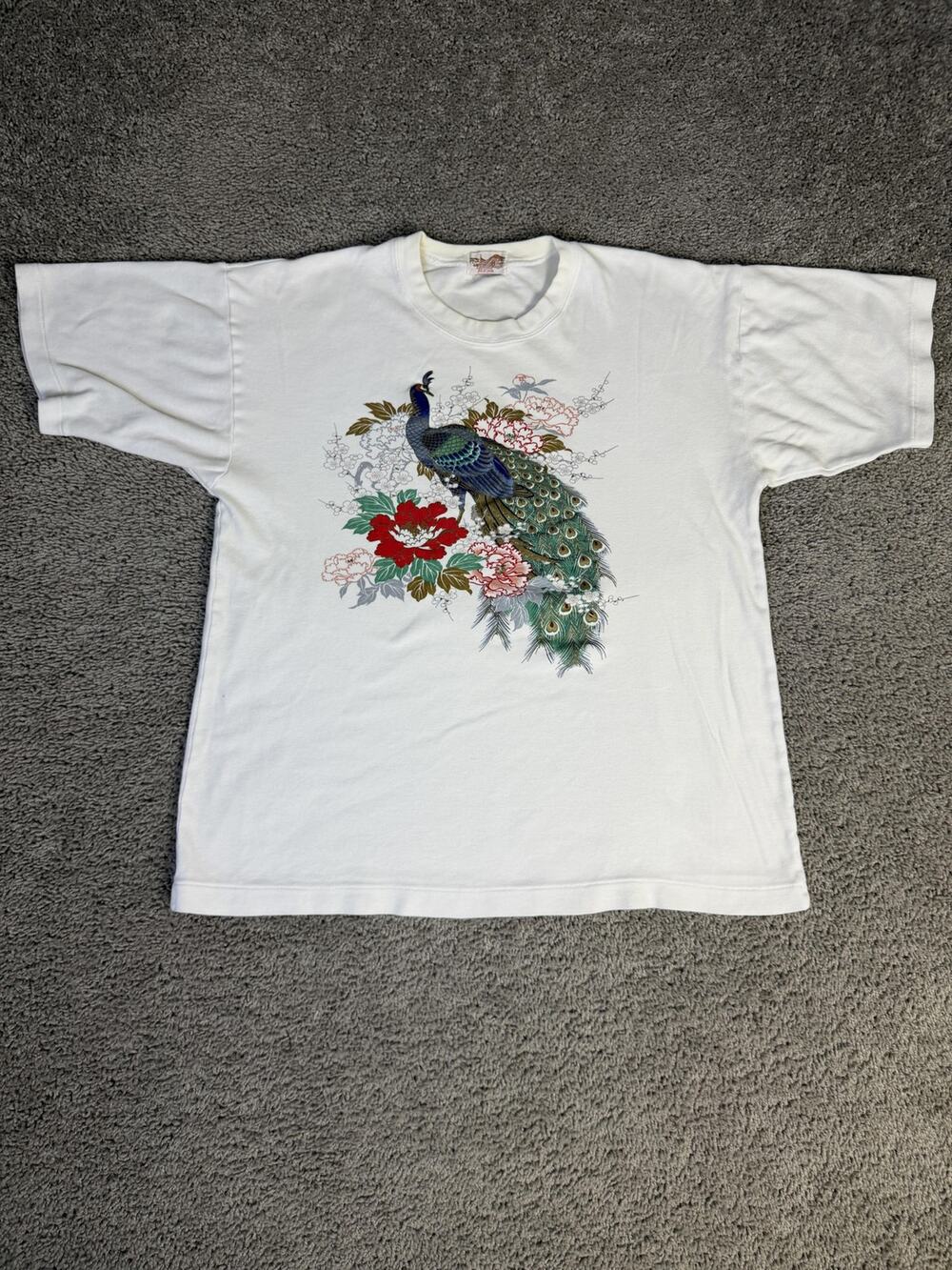 Vintage Made In Japan Shirt Mens XL White Peacock Floral Graphic Crew Neck